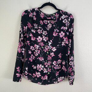 Express Womens XS Floral Roll Tab Sleeve Blouse Collarless V Neck Shirt